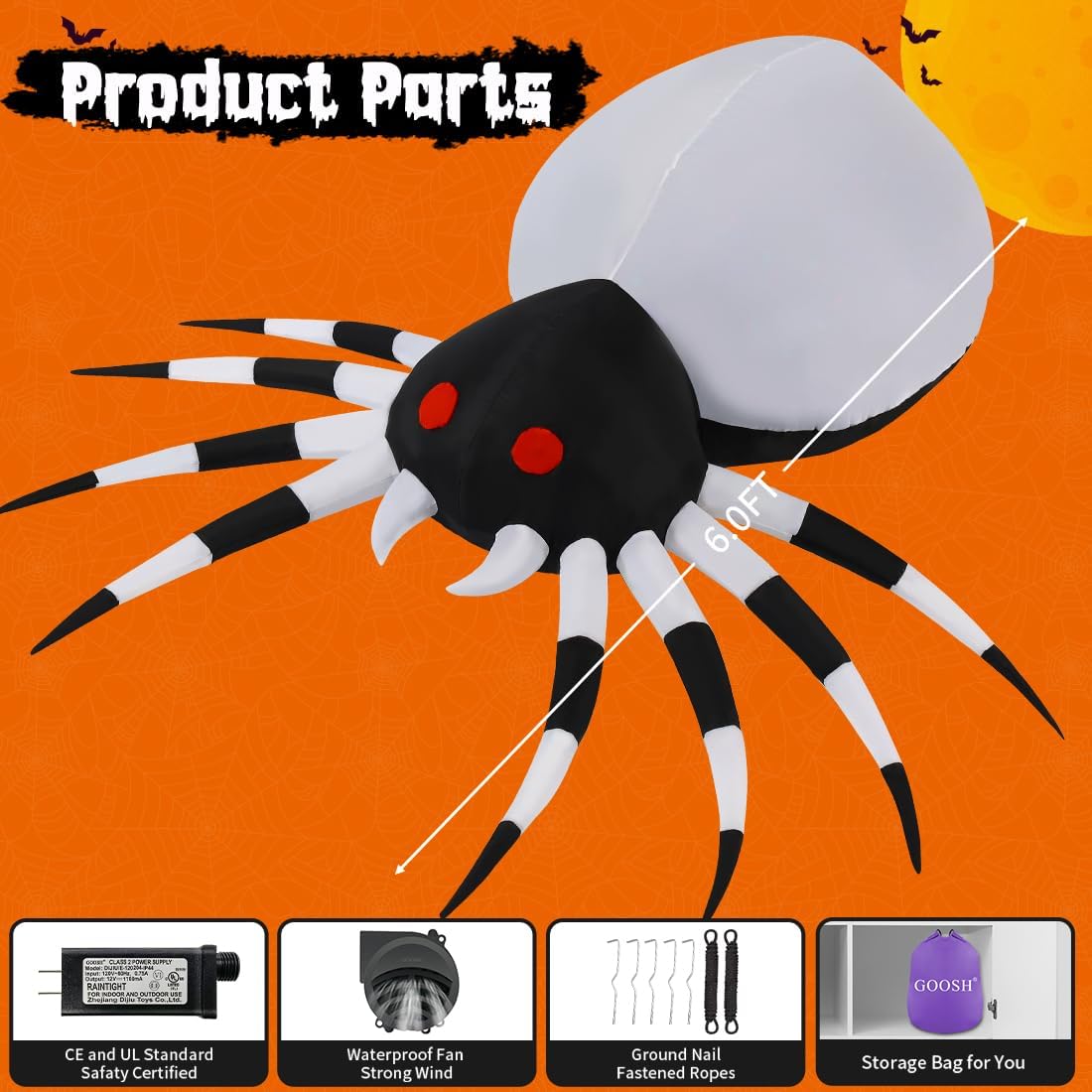 6 FT Height Halloween Inflatables Outdoor Spider with Magic Light, Blow up Yard Decoration with LED Lights Built-In for Holiday/Party/Yard/Garden
