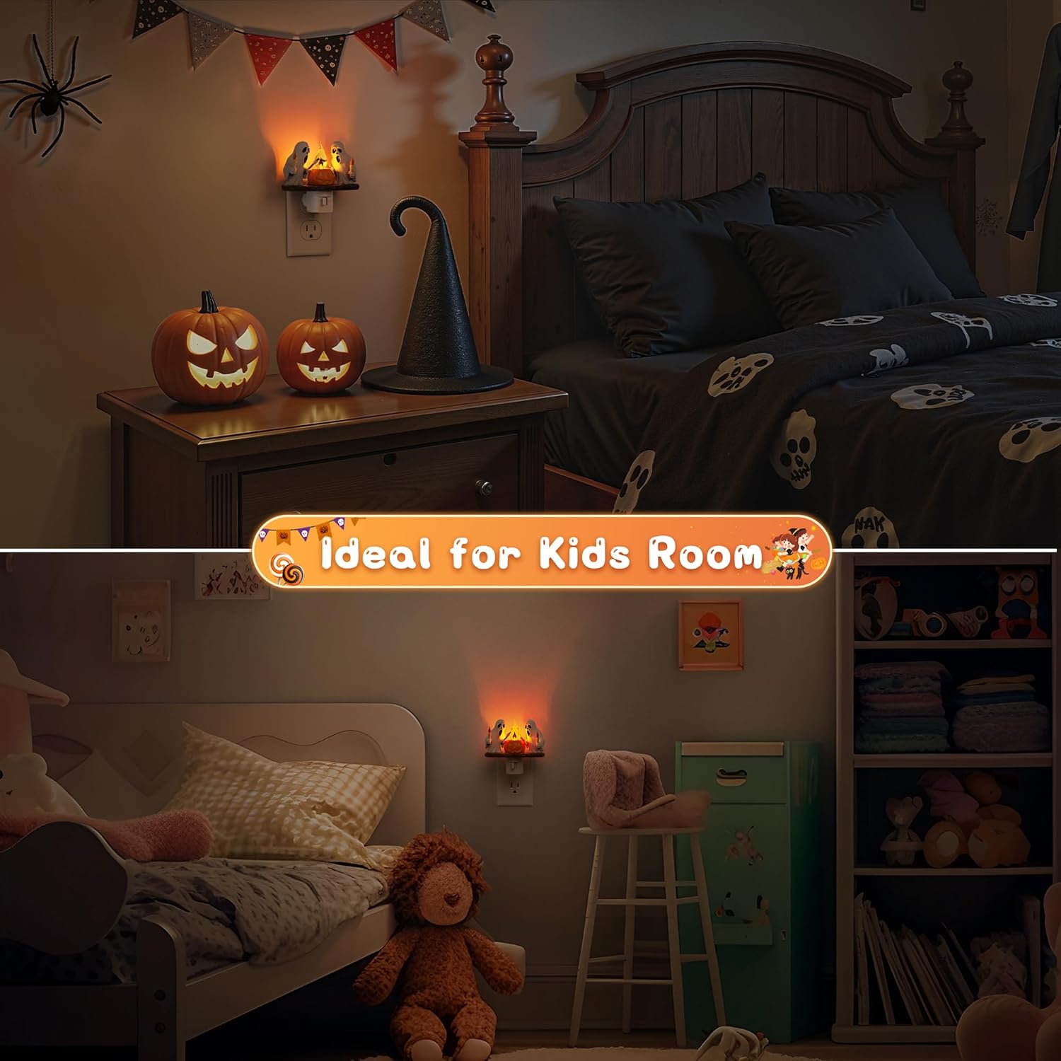 Halloween Night Light,Ghost Campfire Nightlight,Campfire Flickering Night Lights Plug into Wall,Halloween Decorations for Kids Adults